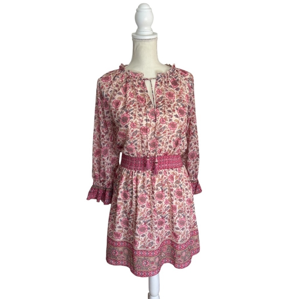 Love The Label Anthropologie Boho Floral Mini Dress Pink Smocked Tassel S - Picture 15 of 15